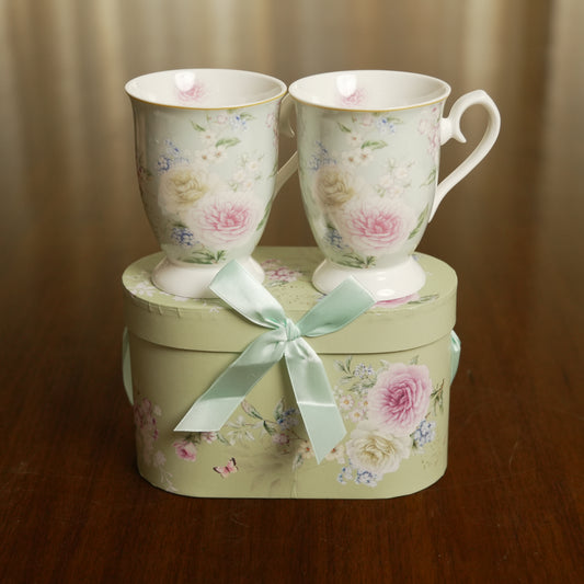 Blossom Elegance Ceramic Mug Set of 2 with Luxury Round Gift Box