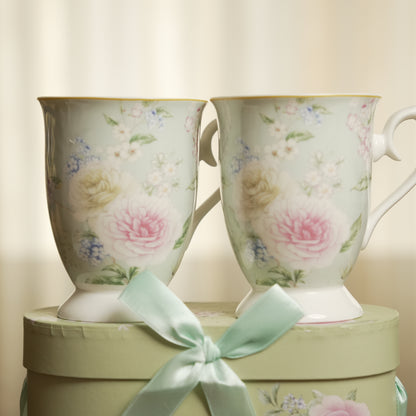Blossom Elegance Ceramic Mug Set of 2 with Luxury Round Gift Box