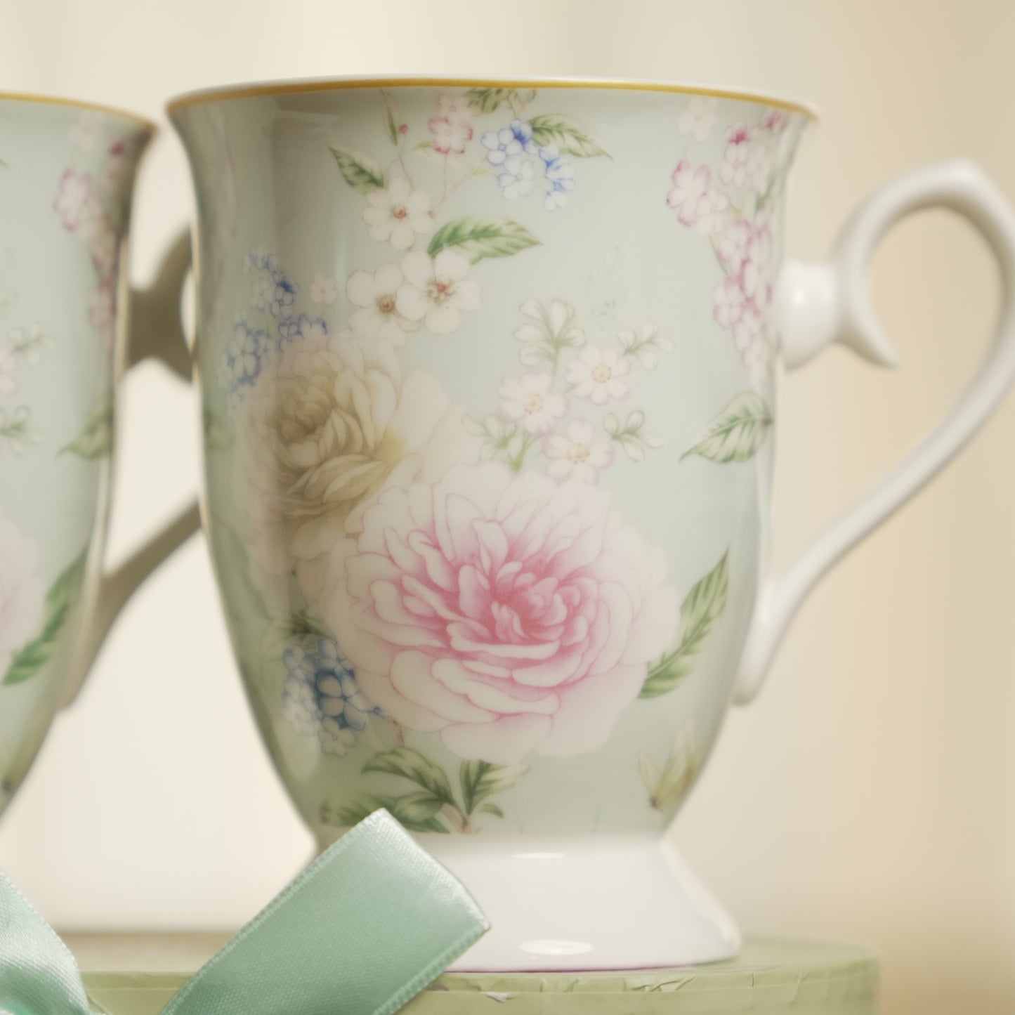 Blossom Elegance Ceramic Mug Set of 2 with Luxury Round Gift Box