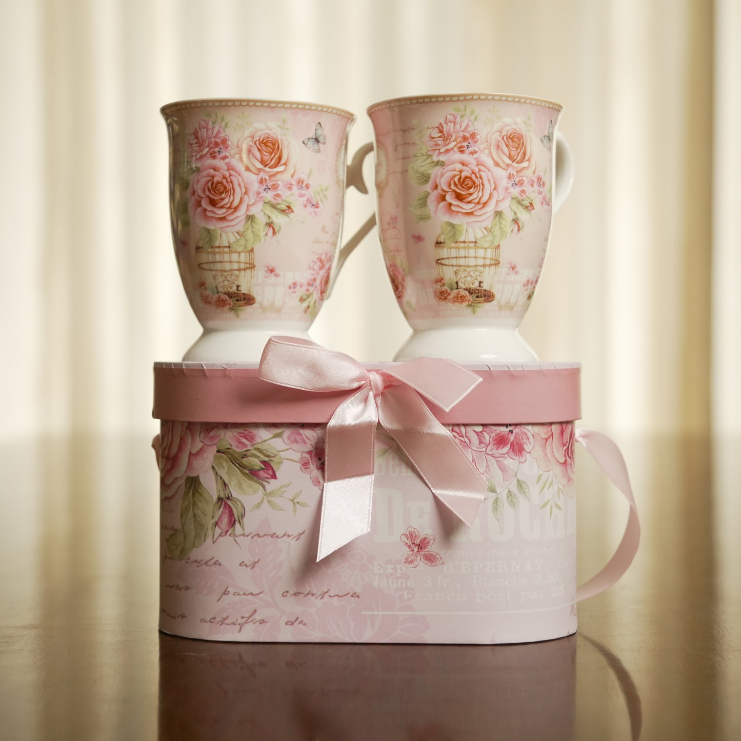 Rose Blossom Ceramic Mug Set of 2 with Luxury Oval Gift Box