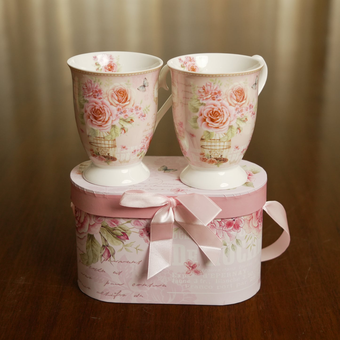 Rose Blossom Ceramic Mug Set of 2 with Luxury Oval Gift Box