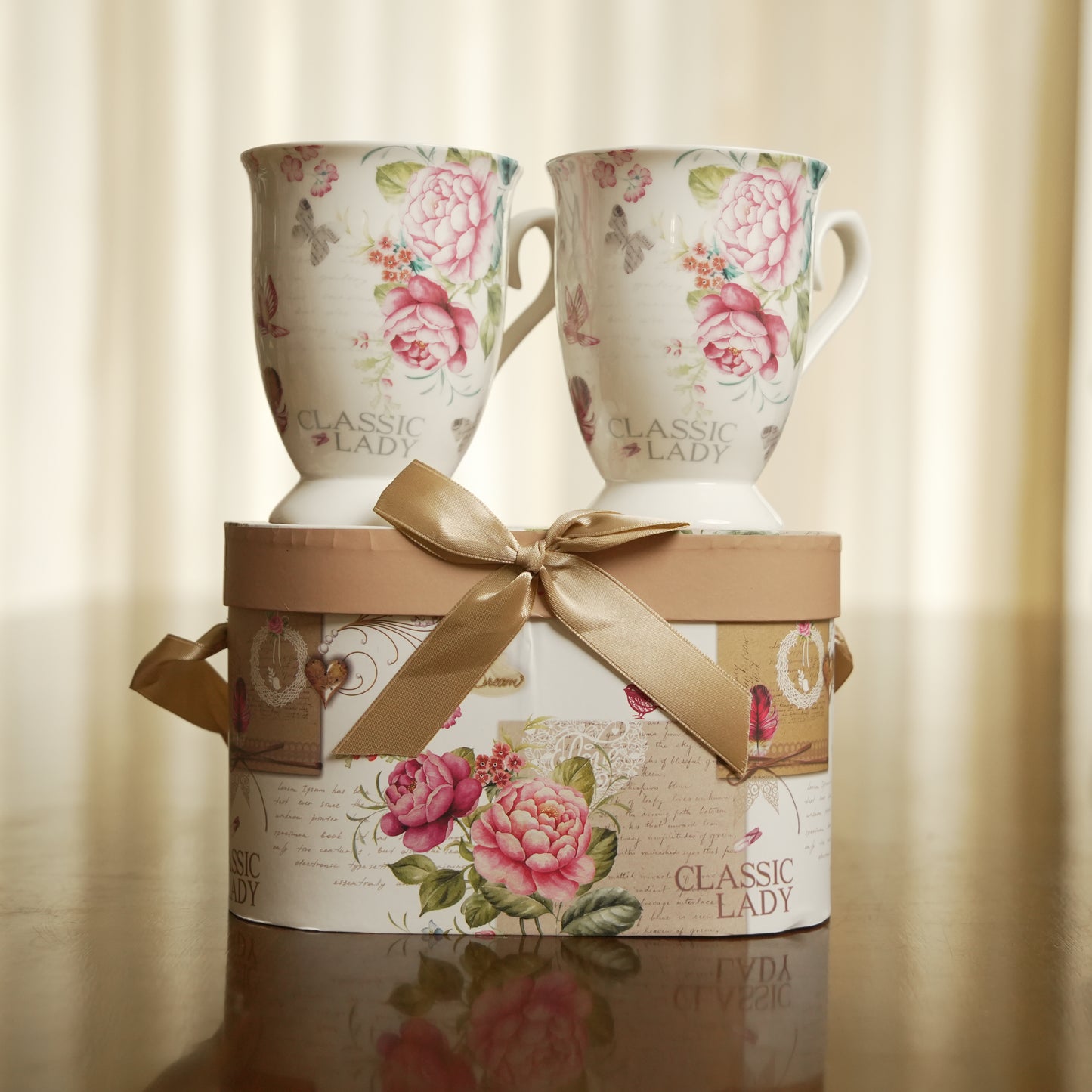 Classic Lady Floral Ceramic Mug Set of 2 with Luxury Round Gift Box
