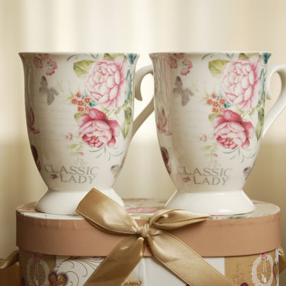 Classic Lady Floral Ceramic Mug Set of 2 with Luxury Round Gift Box