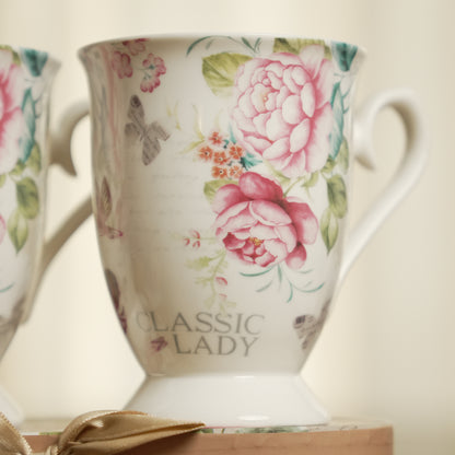 Classic Lady Floral Ceramic Mug Set of 2 with Luxury Round Gift Box