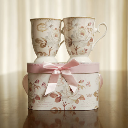 Ivory Rose Ceramic Mug Set of 2 with Luxury Oval Gift Box