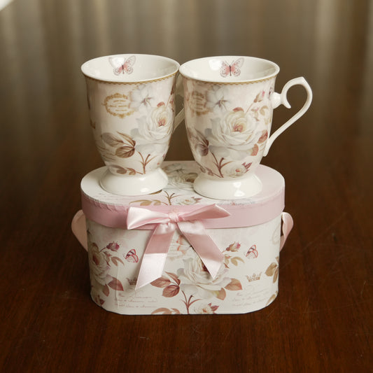 Ivory Rose Ceramic Mug Set of 2 with Luxury Oval Gift Box