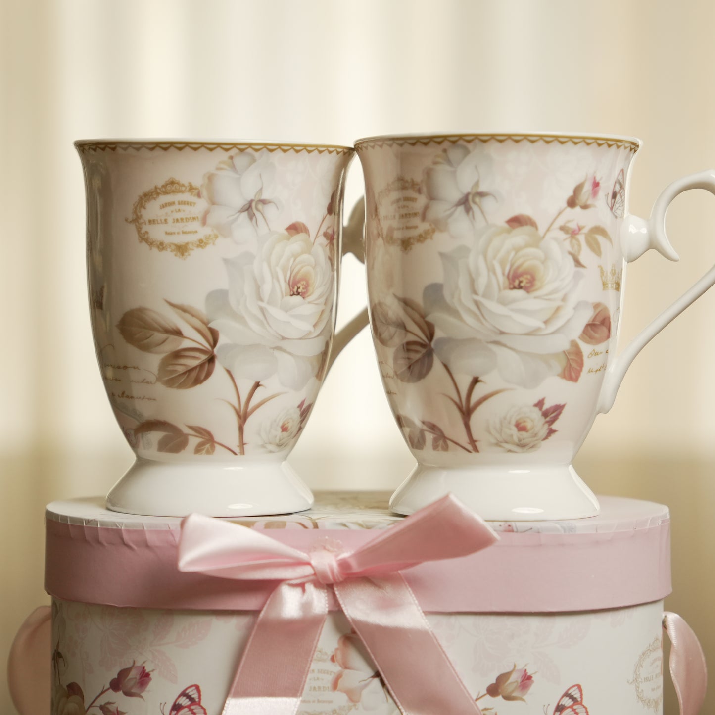 Ivory Rose Ceramic Mug Set of 2 with Luxury Oval Gift Box