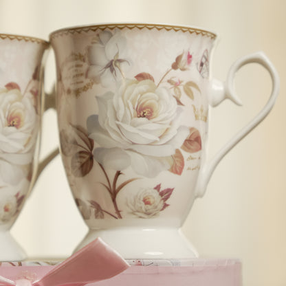 Ivory Rose Ceramic Mug Set of 2 with Luxury Oval Gift Box