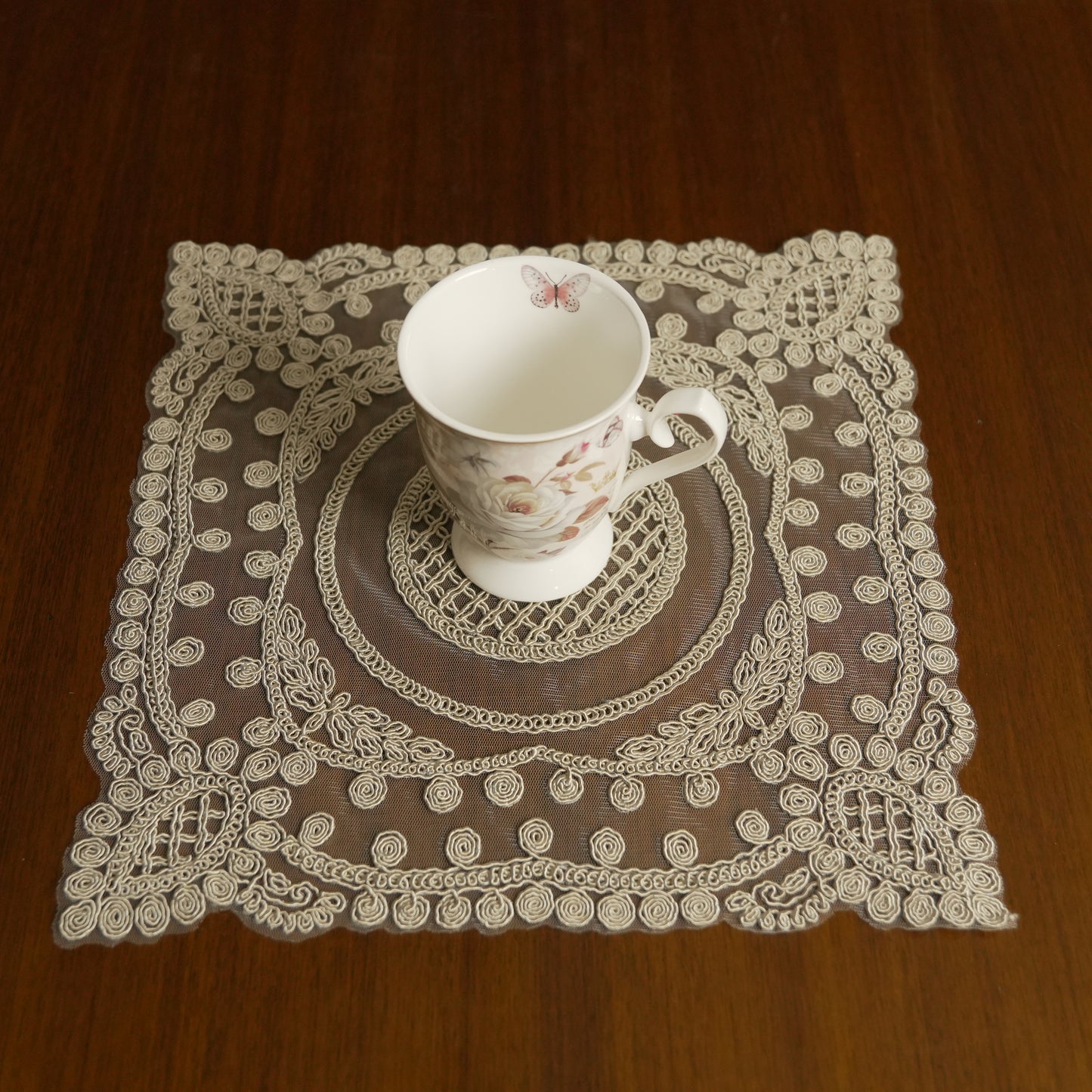 Classic Embroidered Lace Table Placemat – Taupe (Set of 2)