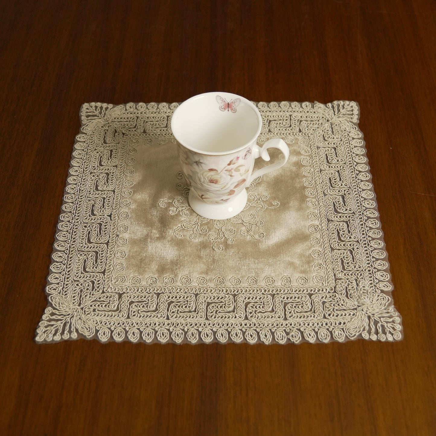 Luxury Velvet Embroidered Table Placemat – Taupe  (Set of 2)