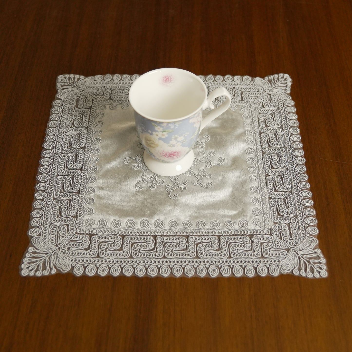 Luxury Velvet Embroidered Table Placemat – Silver Grey (Set of 2)