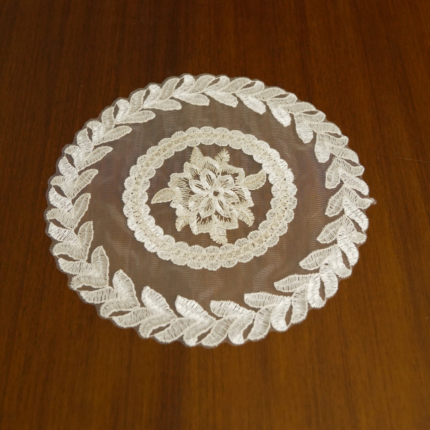Leaf Embroidered Round Lace Table Mat – Ivory White (Set of 2)