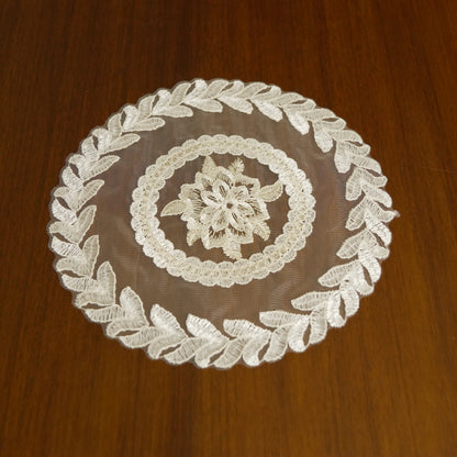Leaf Embroidered Round Lace Table Mat – Ivory White (Set of 2)