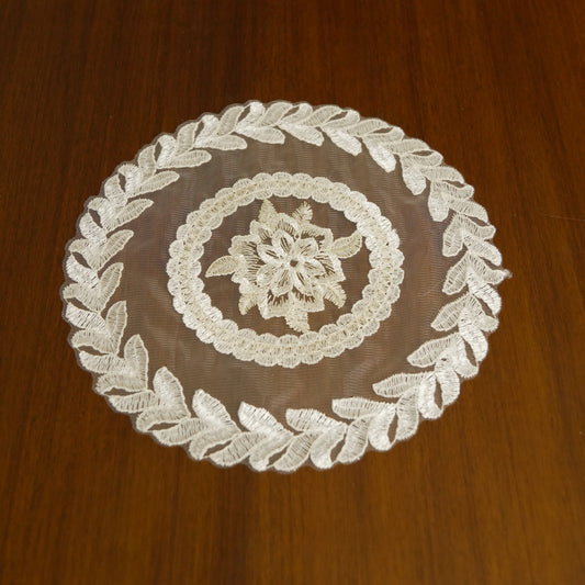 Leaf Embroidered Round Lace Table Mat – Ivory White (Set of 2)