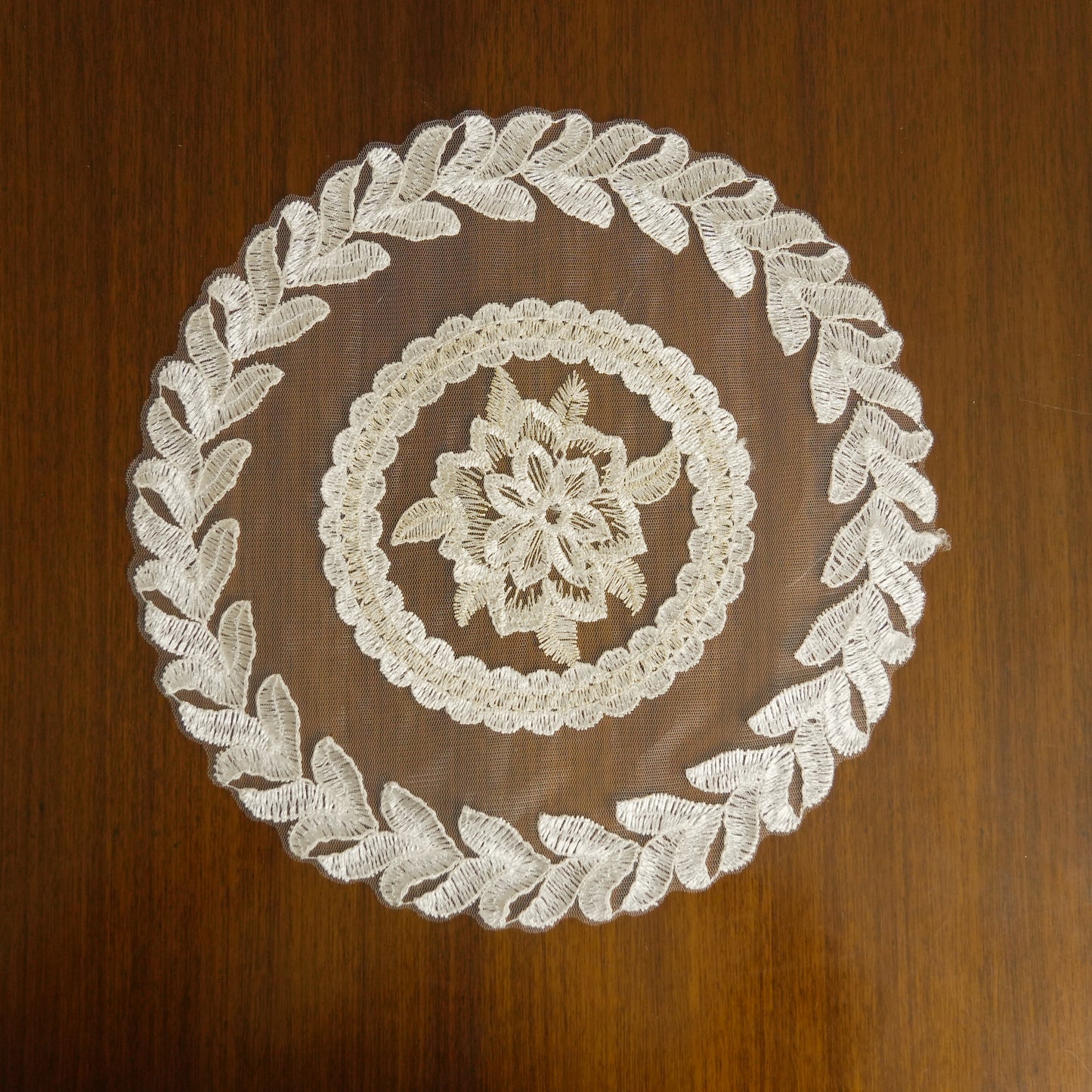 Leaf Embroidered Round Lace Table Mat – Ivory White (Set of 2)