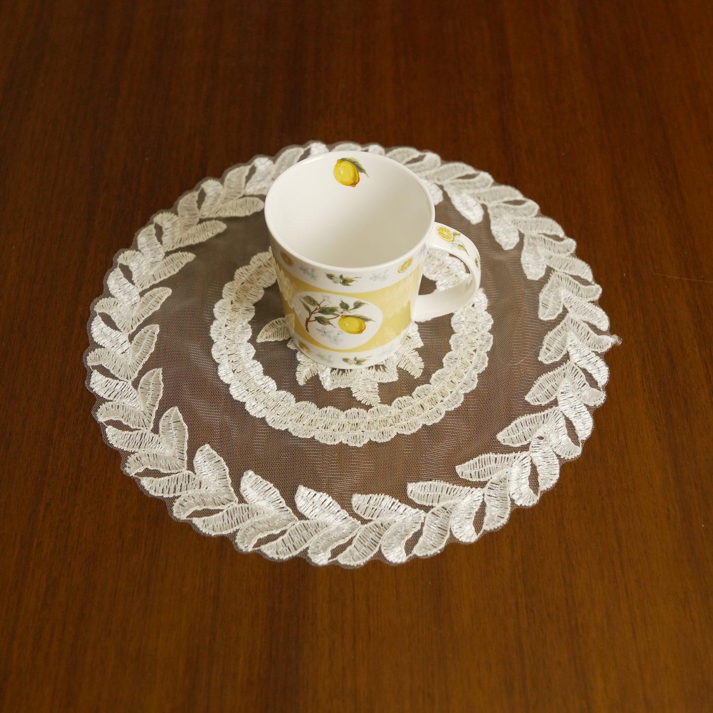 Leaf Embroidered Round Lace Table Mat – Ivory White (Set of 2)
