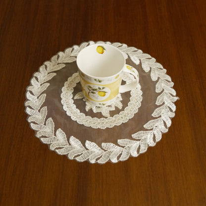 Leaf Embroidered Round Lace Table Mat – Ivory White (Set of 2)