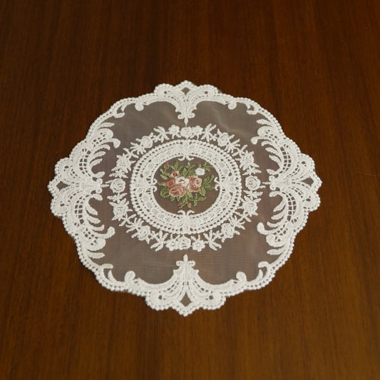 Vintage Floral Embroidered Lace Table Doily – White Decorative Centerpiece Mat (Set of 2)