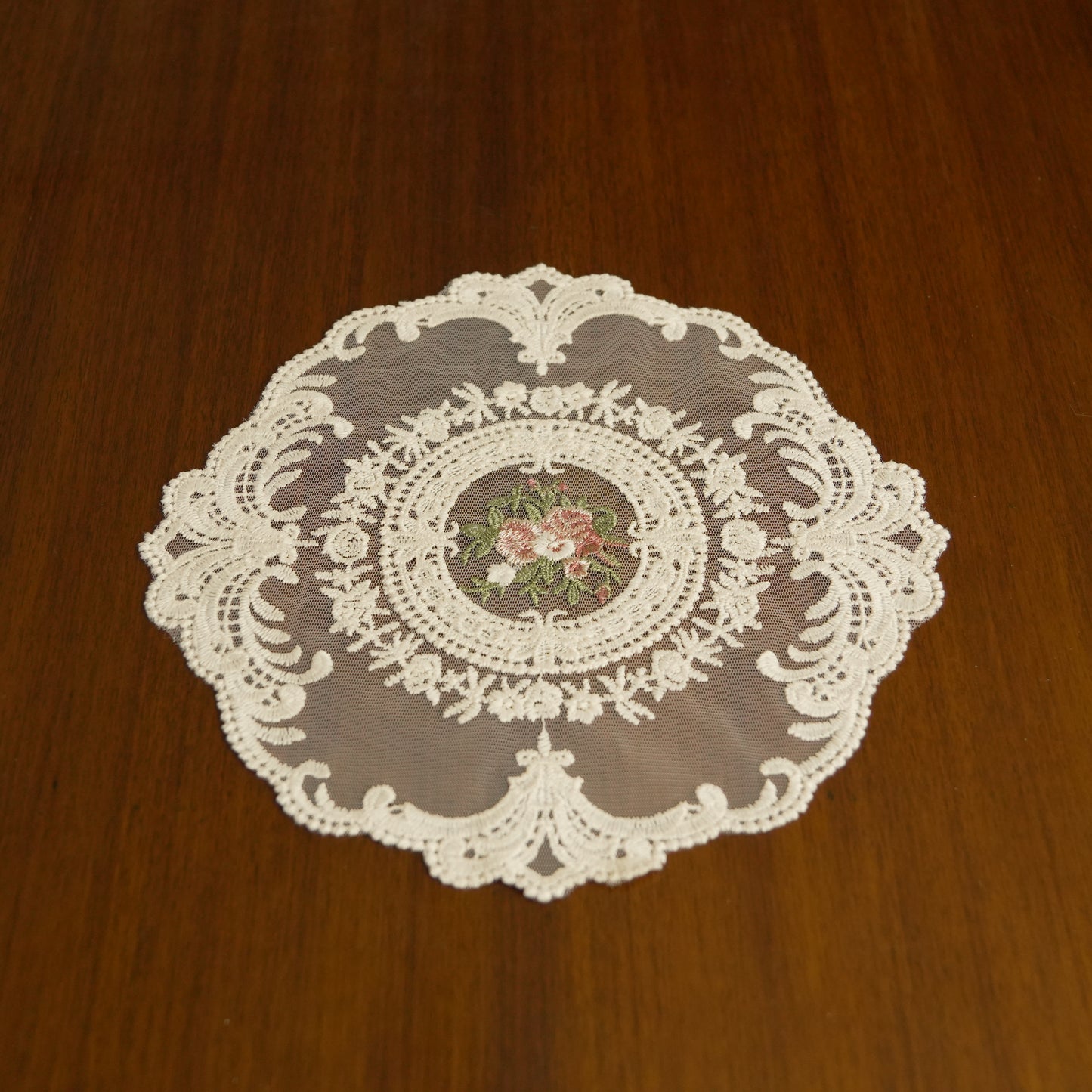 Vintage Floral Embroidered Lace Table Doily – Beige Decorative Centerpiece Mat (Set of 2)