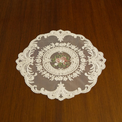Vintage Floral Embroidered Lace Table Doily – Beige Decorative Centerpiece Mat (Set of 2)