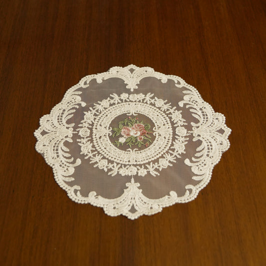 Vintage Floral Embroidered Lace Table Doily – Beige Decorative Centerpiece Mat (Set of 2)