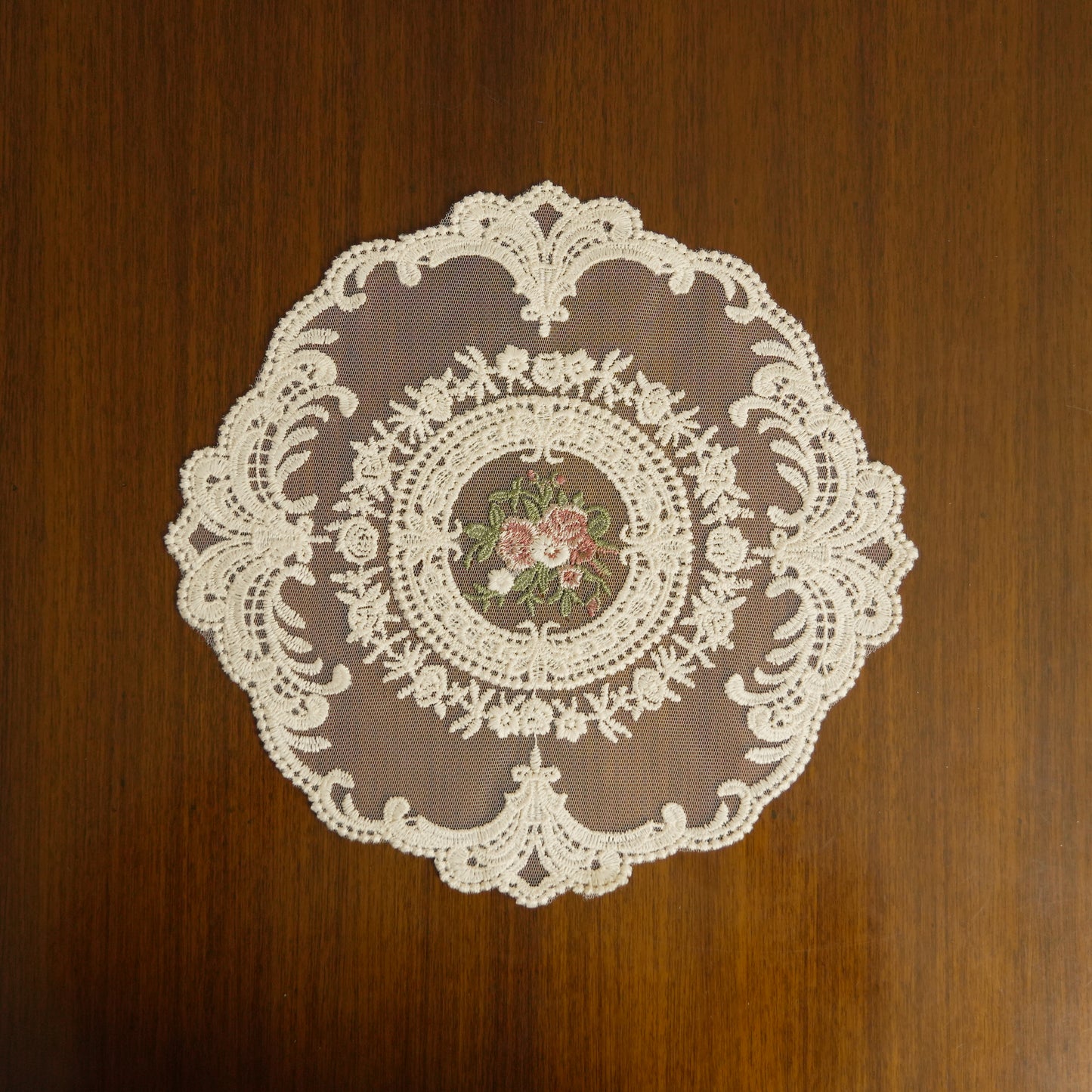 Vintage Floral Embroidered Lace Table Doily – Beige Decorative Centerpiece Mat (Set of 2)