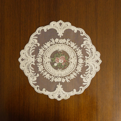 Vintage Floral Embroidered Lace Table Doily – Beige Decorative Centerpiece Mat (Set of 2)
