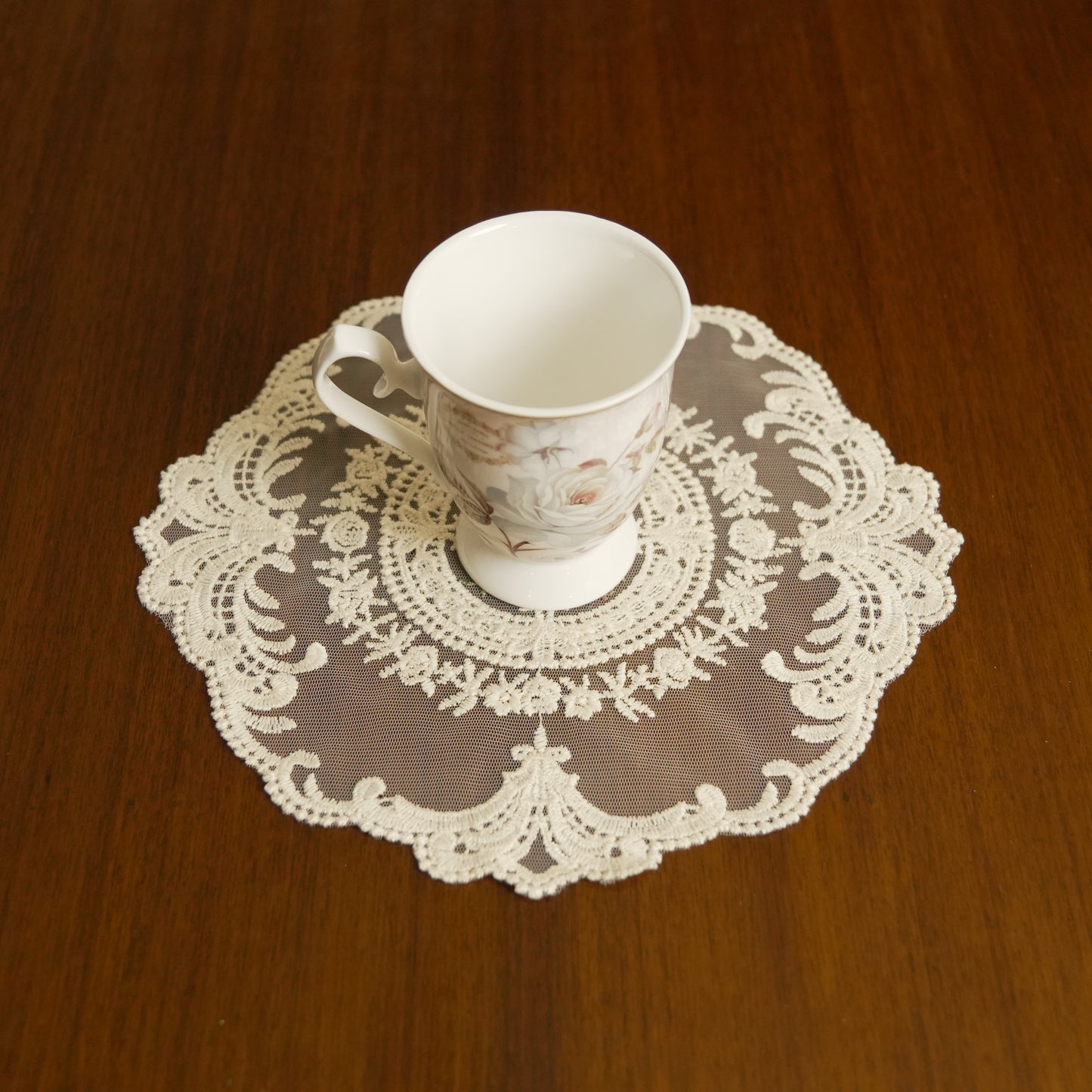 Vintage Floral Embroidered Lace Table Doily – Beige Decorative Centerpiece Mat (Set of 2)