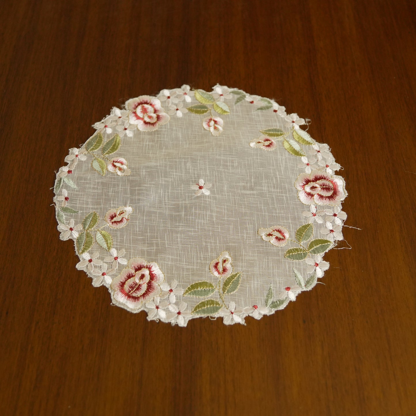 Rose Embroidered Round Lace Table Mat – Ivory & Burgundy (Set of 2)