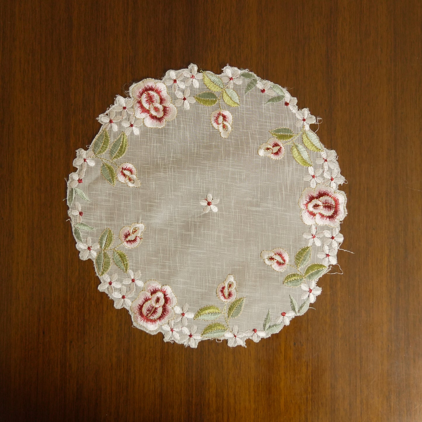 Rose Embroidered Round Lace Table Mat – Ivory & Burgundy (Set of 2)