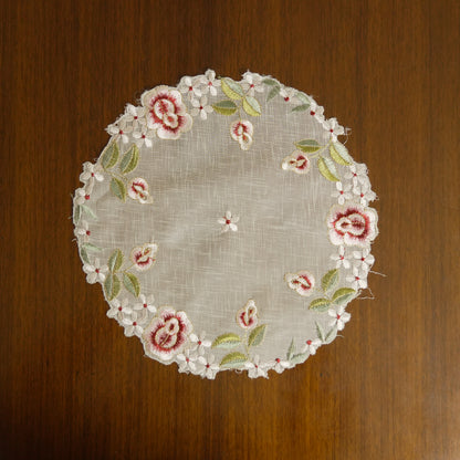 Rose Embroidered Round Lace Table Mat – Ivory & Burgundy (Set of 2)