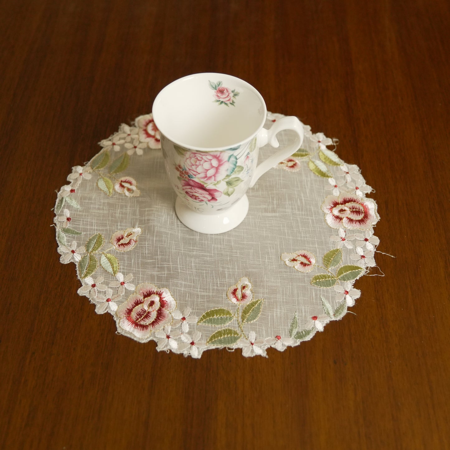 Rose Embroidered Round Lace Table Mat – Ivory & Burgundy (Set of 2)