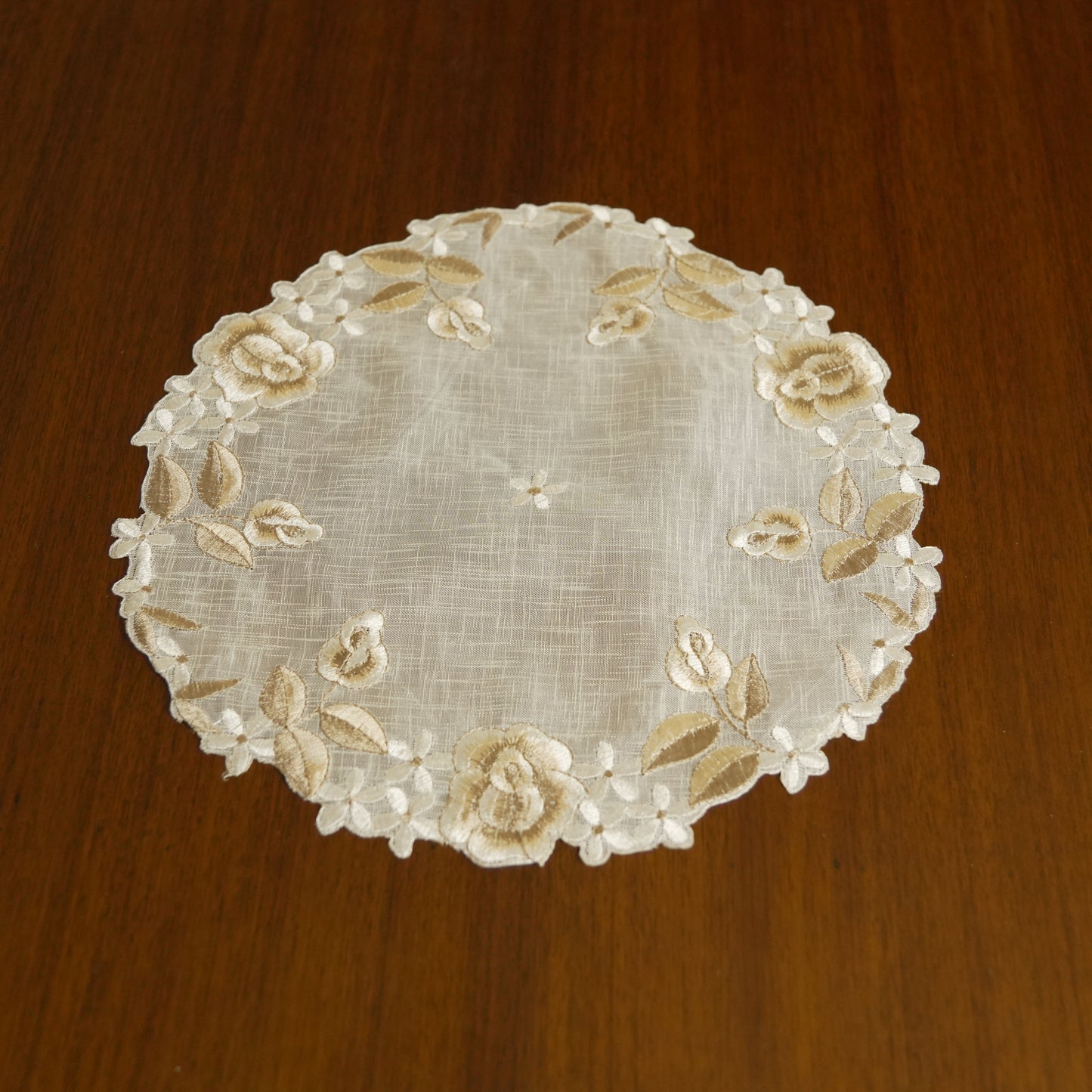 Floral Embroidered Round Lace Table Mat – Ivory & Beige (Set of 2)
