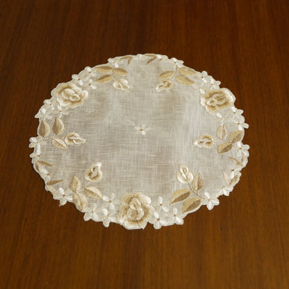 Floral Embroidered Round Lace Table Mat – Ivory & Beige (Set of 2)