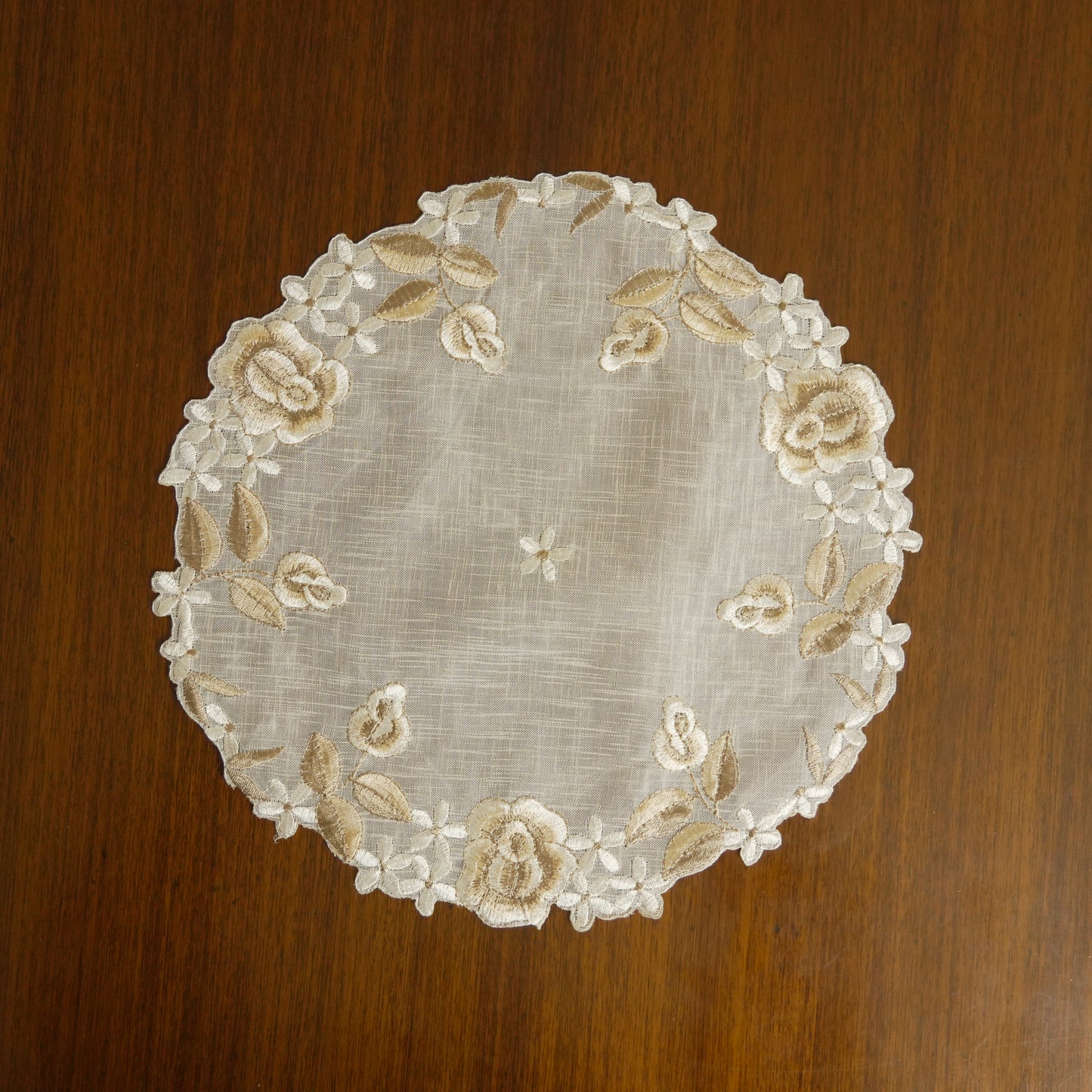 Floral Embroidered Round Lace Table Mat – Ivory & Beige (Set of 2)