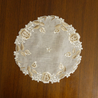 Floral Embroidered Round Lace Table Mat – Ivory & Beige (Set of 2)