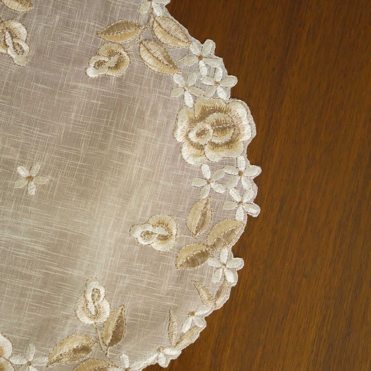 Floral Embroidered Round Lace Table Mat – Ivory & Beige (Set of 2)