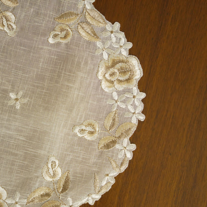 Floral Embroidered Round Lace Table Mat – Ivory & Beige (Set of 2)