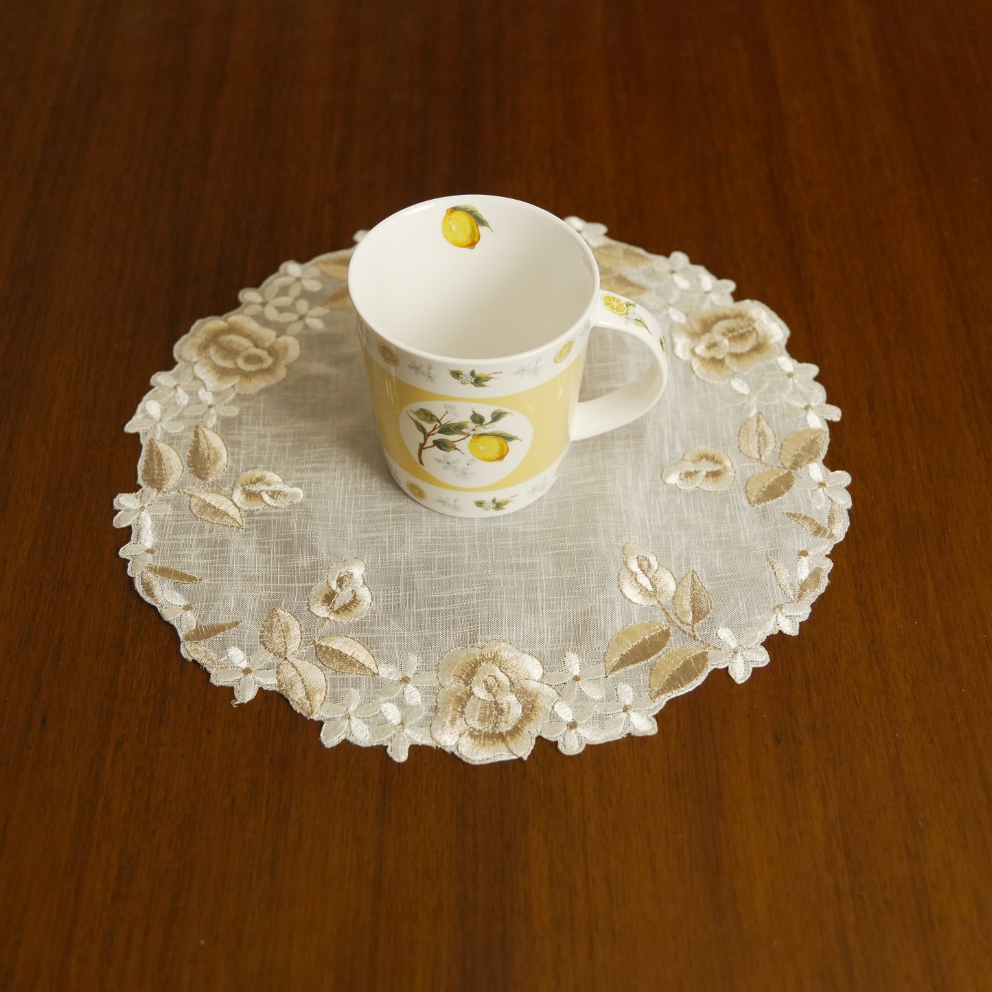 Floral Embroidered Round Lace Table Mat – Ivory & Beige (Set of 2)