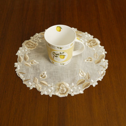 Floral Embroidered Round Lace Table Mat – Ivory & Beige (Set of 2)