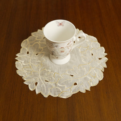 Leaf Embroidered Round Lace Table Mat – Beige (Set of 4)