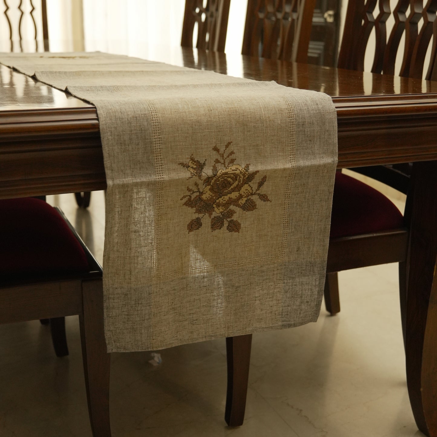 Rustic Linen Embroidered Table Runner