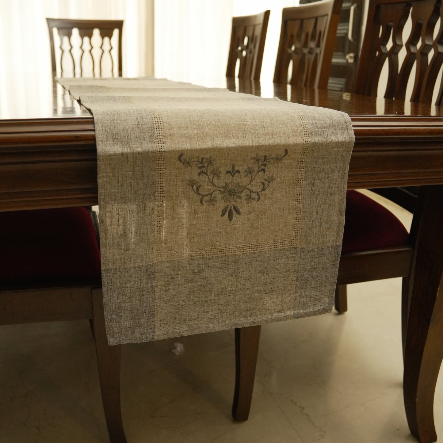 Natural Linen Embroidered Table Runner