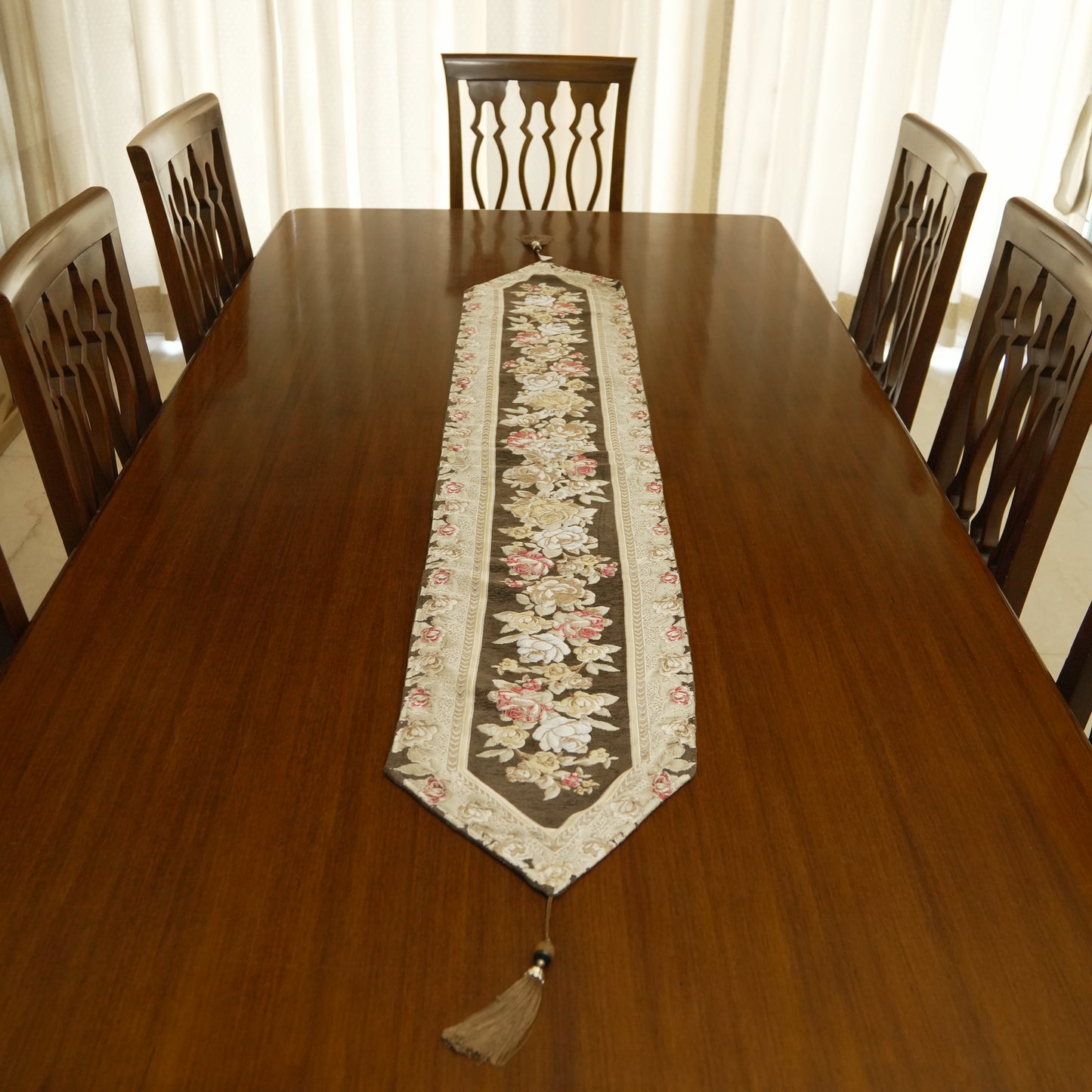 Vintage Rose Dining Table Runner With Tassels