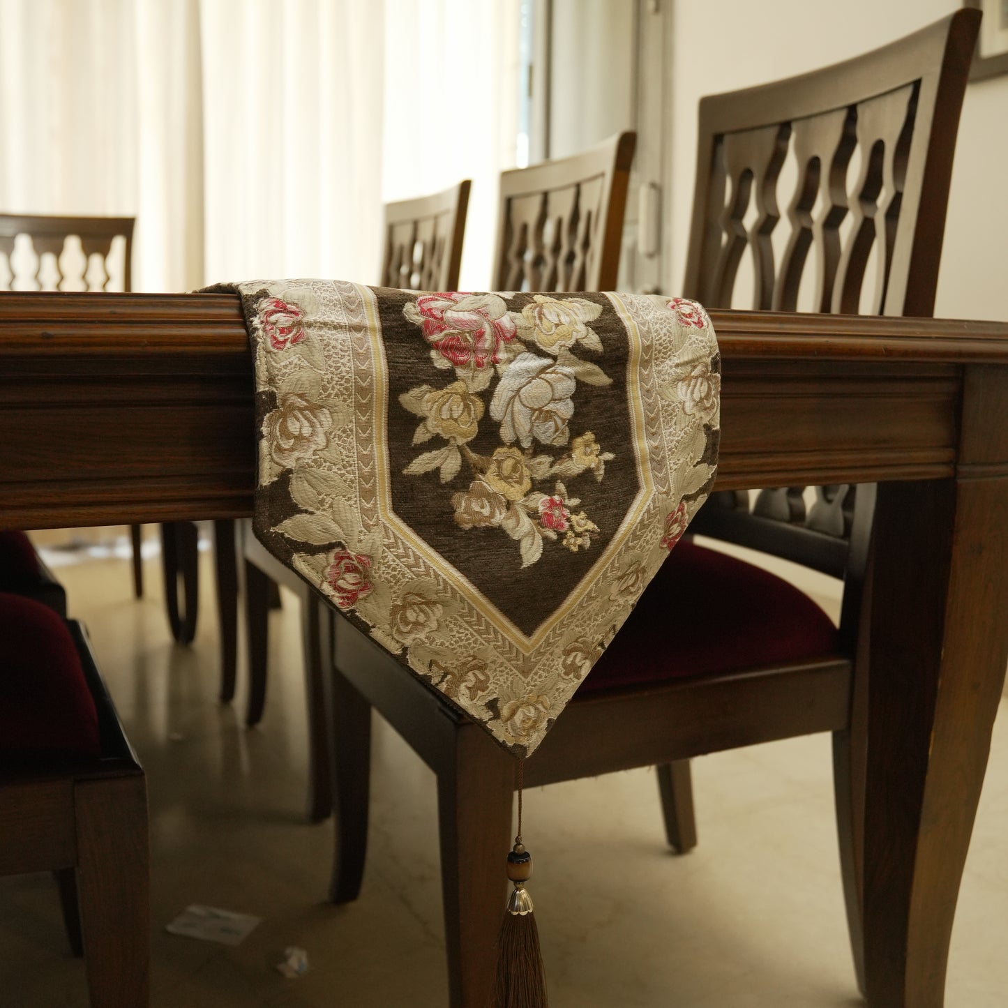 Vintage Rose Dining Table Runner With Tassels