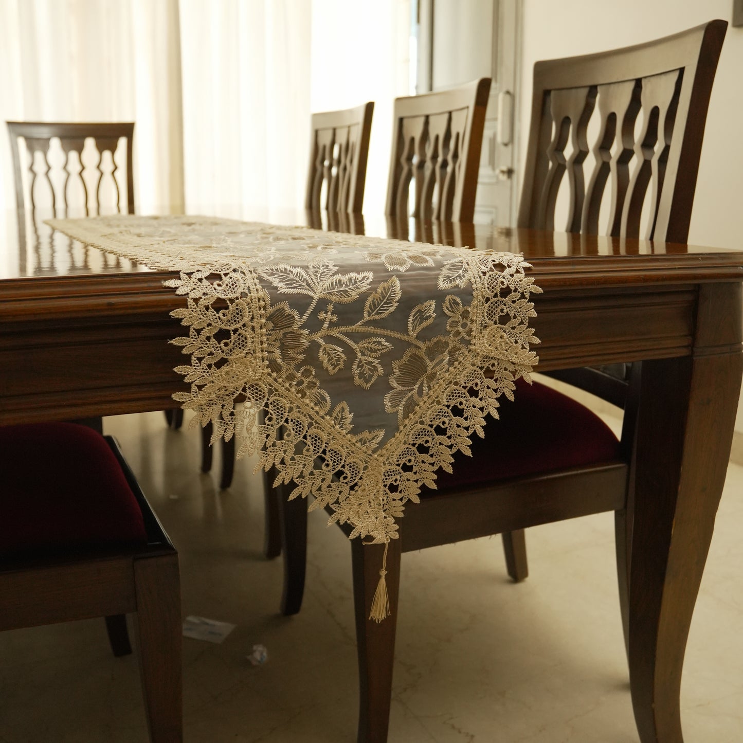Embroidered Sheer Dining Table Runner with Tassels