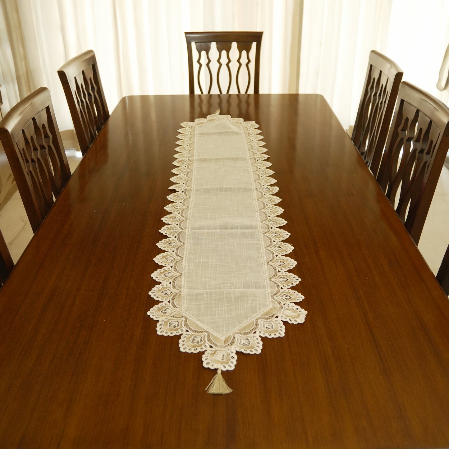 Elegant Lace Table Runner with Scalloped Border & Tassels