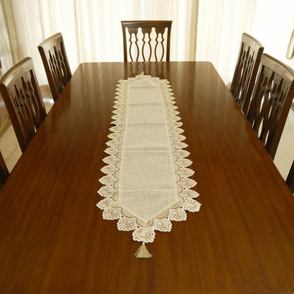 Elegant Lace Table Runner with Scalloped Border & Tassels