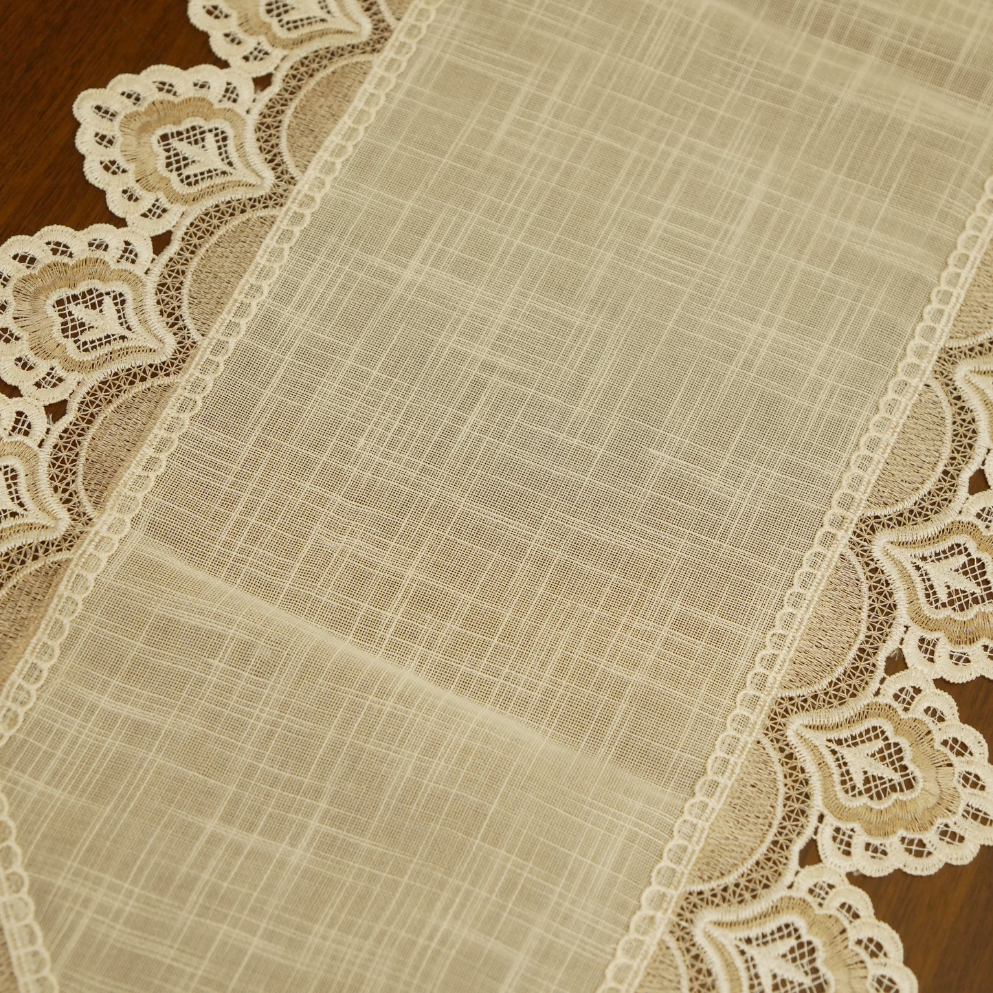 Elegant Lace Table Runner with Scalloped Border & Tassels