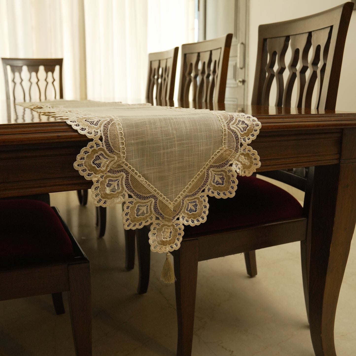 Elegant Lace Table Runner with Scalloped Border & Tassels